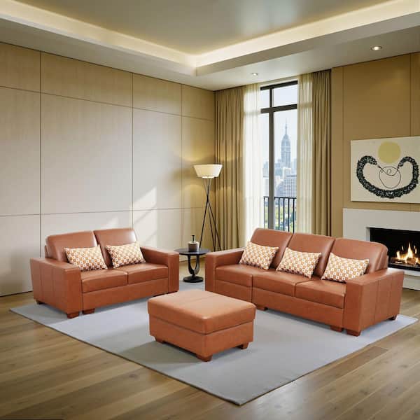 70 in. Straight Arm Genuine Cow Leather Rectangle Sofa in Brown, Mid Century Modern Loveseat Sofa without Ottoman