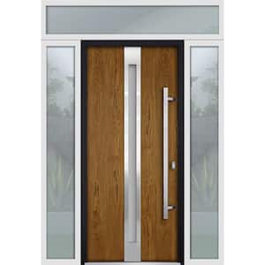 60 in. x 96 in. Left-Hand/Inswing 3 Sidelights Frosted Glass Oak Steel Prehung Front Door with Hardware