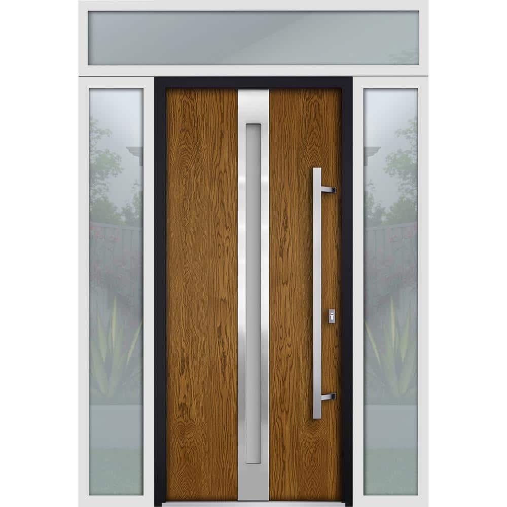68 in. x 96 in. Left-Hand/Inswing 3 Sidelights Frosted Glass Oak Steel Prehung Front Door with Hardware price history on PriceWatchPro