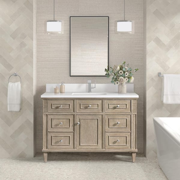 James Martin Vanities Lorelai 48.0 in. W. x 23.5 in. D x 34.06 in. H Single Bathroom Vanity in Whitewashed Oak with White Zeus Quartz Top