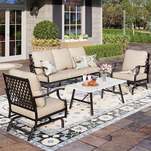 Metal 5 Seat 4-Piece Steel Outdoor Patio Conversation Set With Rocking Chairs,Beige Cushions and Marble Pattern Table