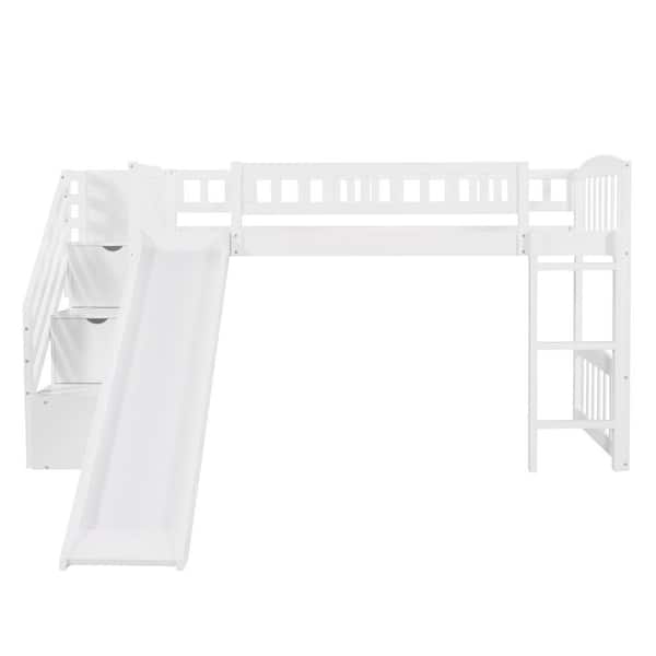 Unbranded White Stairway Twin Size Loft Bed with Two Drawers and Slide