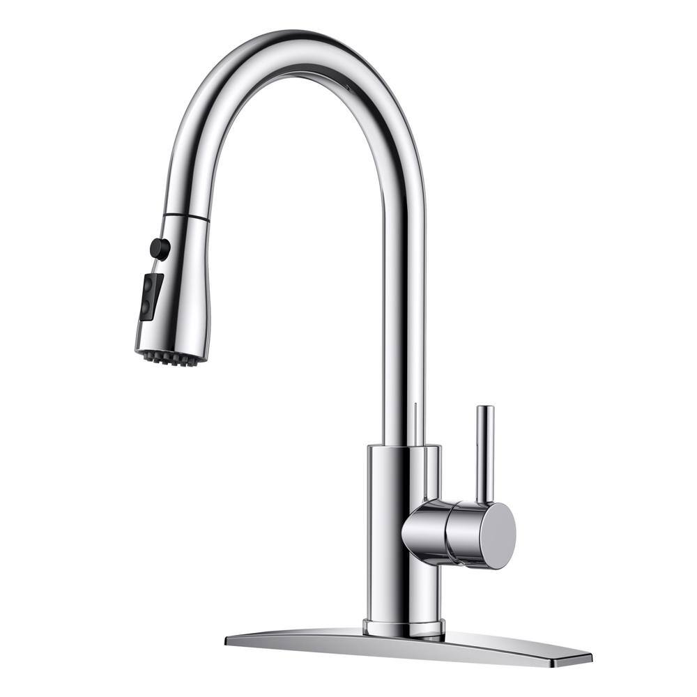 Single-Handle Kitchen Faucet with Pull Down Sprayer High-Arc Kitchen Sink Faucet with Deck Plate in Chrome