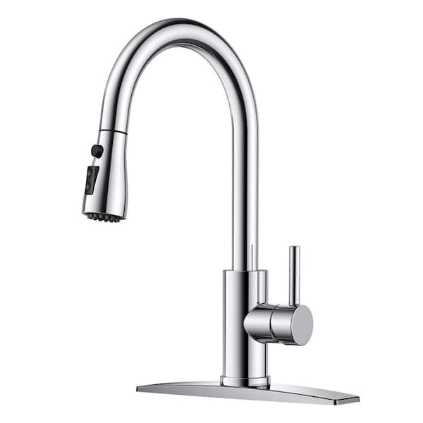 FORIOUS Single-Handle Kitchen Faucet with Pull Down Sprayer High-Arc Kitchen Sink Faucet with Deck Plate in Chrome
