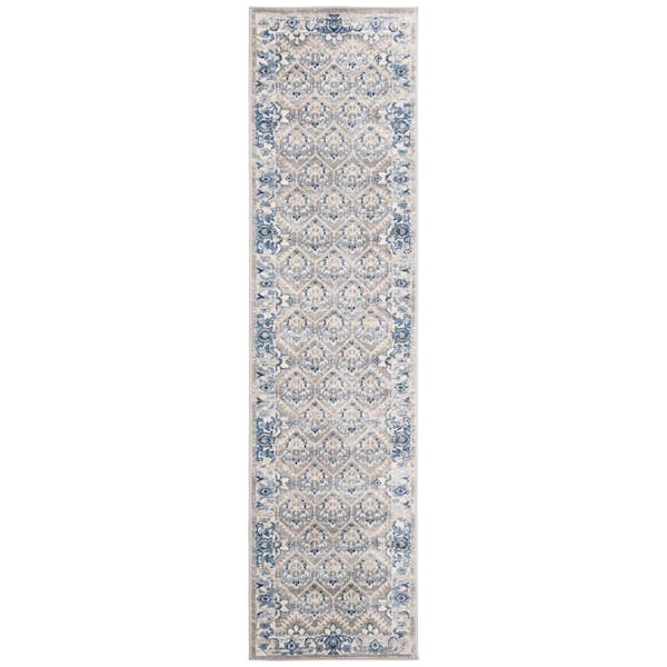 Brentwood Light Gray/Blue 2 ft. x 14 ft. Border Multi-Floral Geometric Runner Rug
