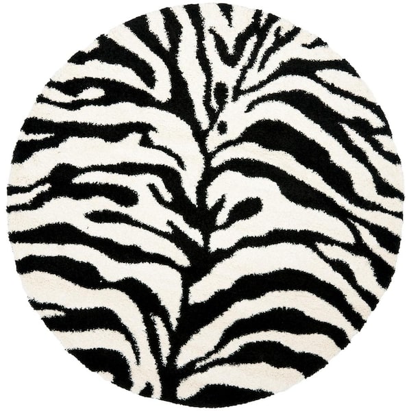 Florida Shag Ivory/Black 7 ft. x 7 ft. Round Animal Print Area Rug