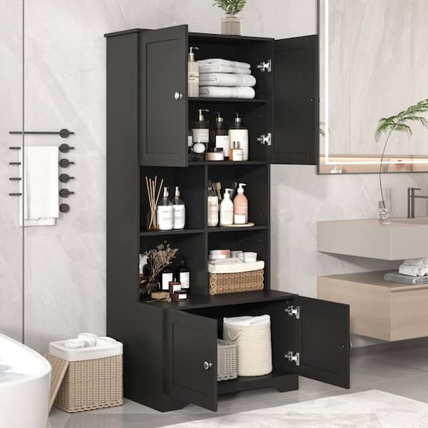 Modern 31 in. W x 16 in. D x 67 in. H Black Linen Cabinet Tall and Wide Floor Storage with Doors and Open Shelves