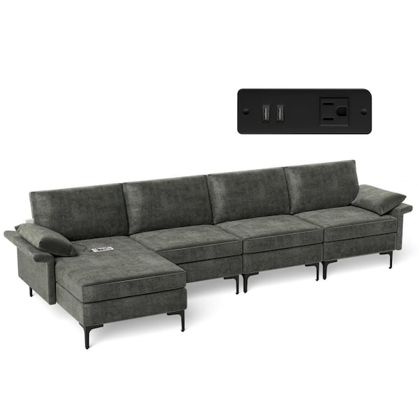 Costway 130.5 in. W Square Arm 4- Piece Polyester Modular Modern Sectional Sofa with Reversible Chaise and 2 USB Ports Gray