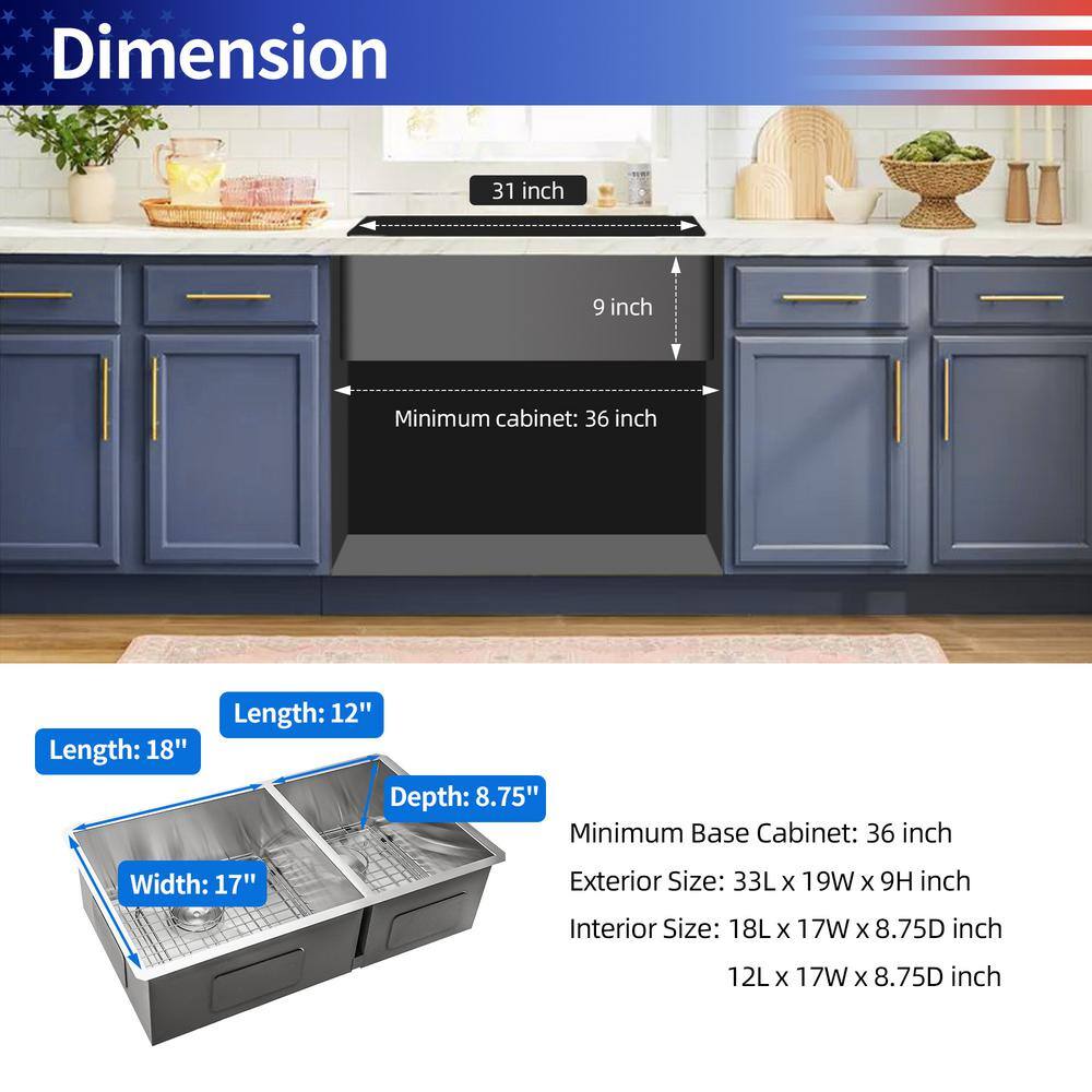 33'' Brushed Nickel Stainless Steel Double Bowl Undermount Kitchen Sink