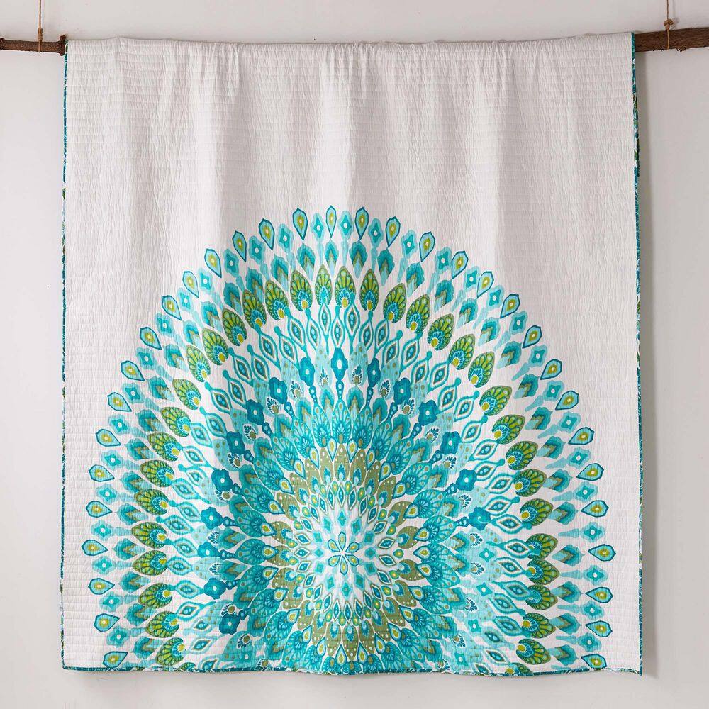 Teal and White Cotton Reversible Twin Quilt Set