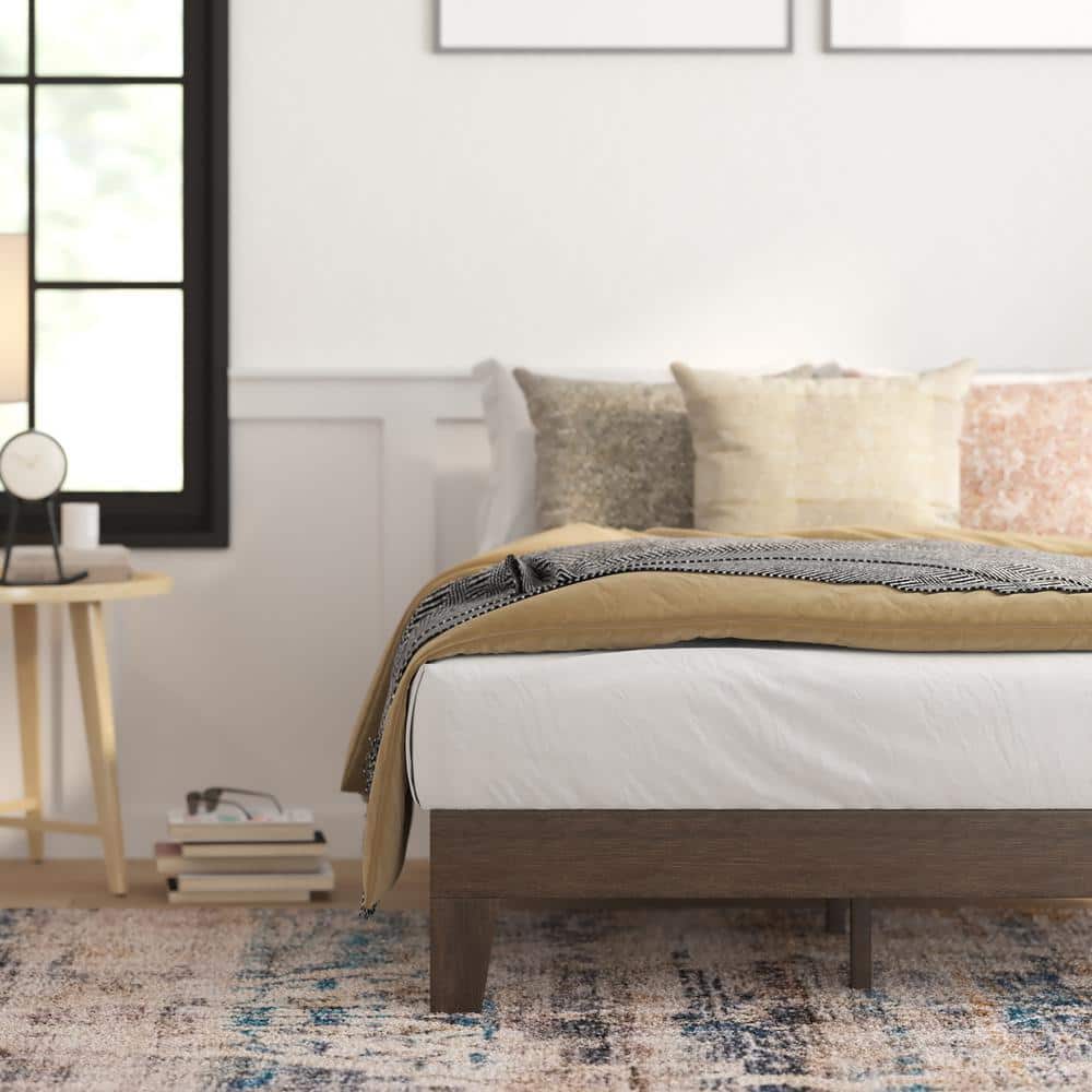 Full Walnut Solid Wood Platform Bed with Slats and Drawer