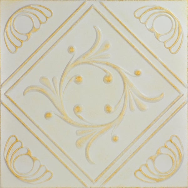 A La Maison Ceilings Diamond Wreath 1.6 ft. x 1.6 ft. Glue Up Foam Ceiling Tile in White Washed Gold