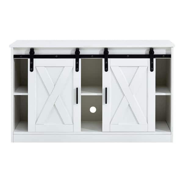 Tatahance White Wooden TV/Storage Cabinet with Two Sliding Barn Doors ...