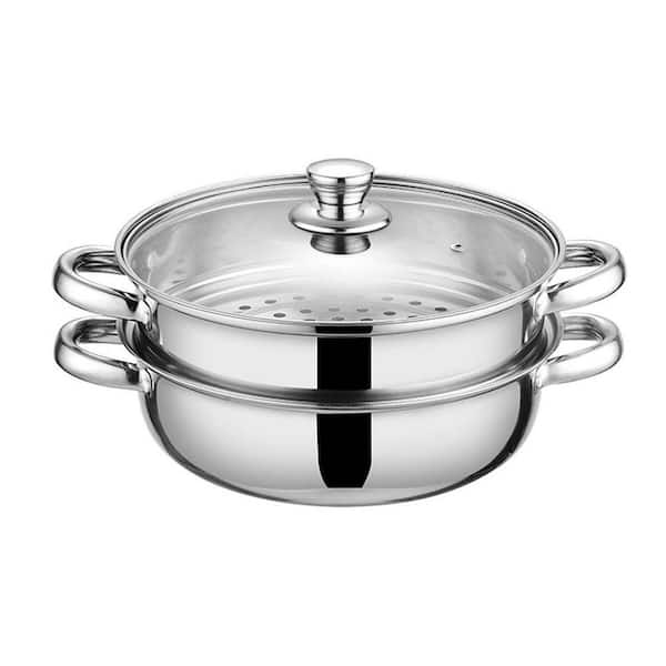 3-Piece Stainless Steel Steamer Pot with Glass Lid Silver Multi-Purpose Oven Safe Compatible with Gas Stove