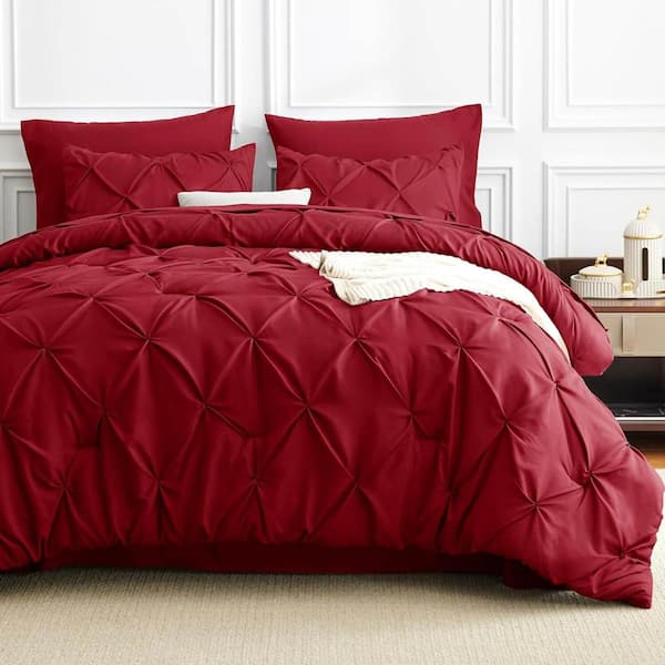 7-Piece King Pintuck Comforter Set - Deep Red Bed in a Bag YACC84