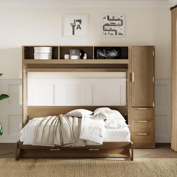 Brown/Natural Wood Color Frame Full Size Murphy Bed with Wardrobe, Drawers and Open Shelves