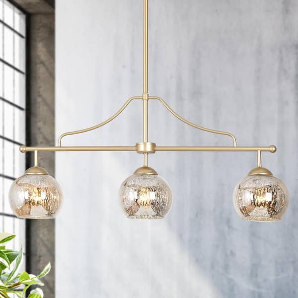 Zevni 3-Light Modern Gold Kitchen Island Chandelier Lighting, Transitional Linear Pendant Hanging Light with Mercury Glass