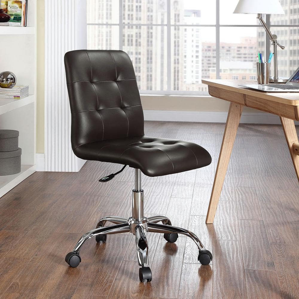 Prim Armless Brown Faux Leather Swivel Office Chair