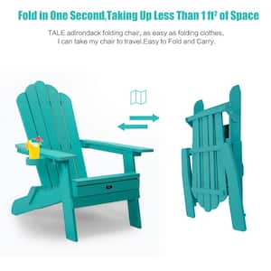 Oversized Poly Lumber Plastic Folding Adirondack Chair with Pullout Ottoman and Cup Holder for Patio Deck Garden, Green