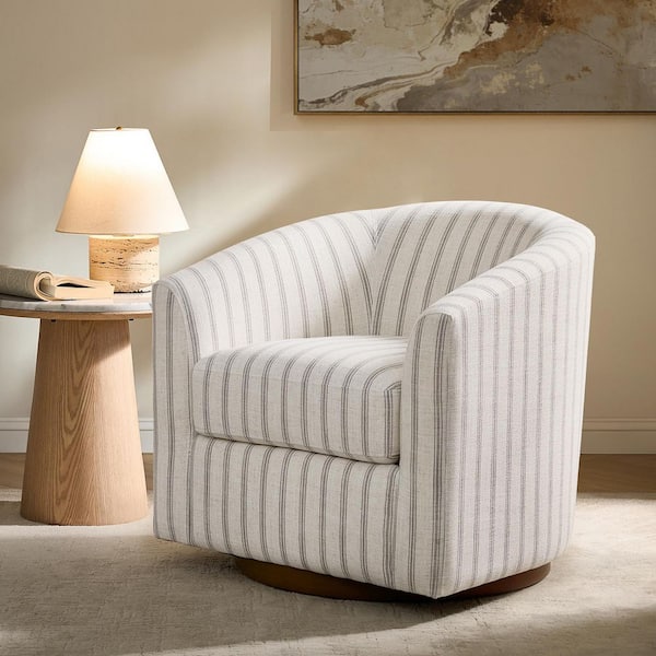 Teeny Stripe Modern Genuine Leather Swivel Barrel Chair with Solid Wood Base