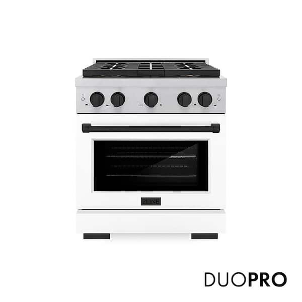 Autograph 30 in. 4.2 cu. ft. Dual Fuel Range with 4 Burners in Satin Stainless Steel with White Matte and Matte Black