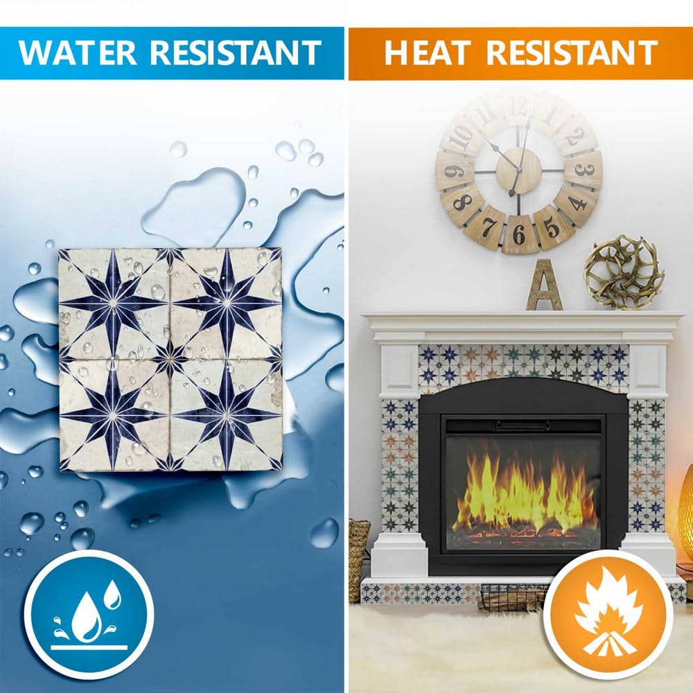Teal Blue and Brown Star Pattern Vinyl Peel and Stick Tiles, 8x8-inch