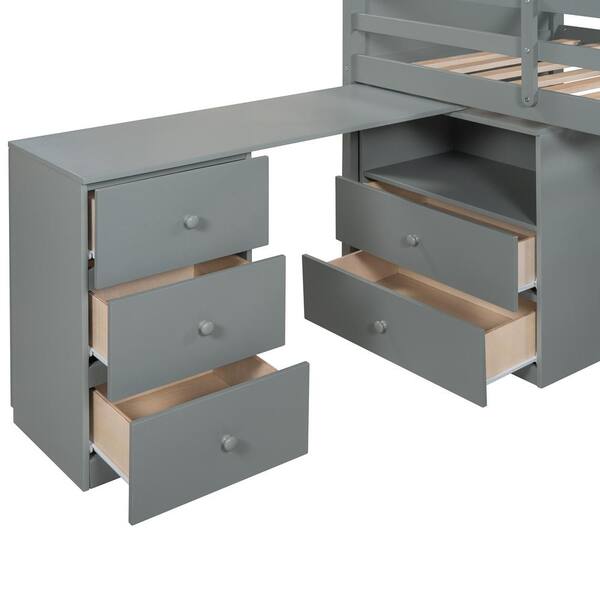 Modern wooden twin size loft bed with desk and storage chest deals gray