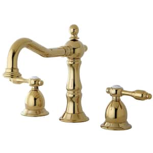 Tudor 8 in. Widespread 2-Handle Bathroom Faucets with Brass Pop-Up in Polished Brass