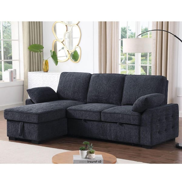 Foster 91 in. Chenille L-Shaped Sectional Sofa in. Gray with Reversible Storage Chaise, USB Ports, Cupholders, Pillows