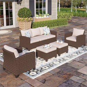 Brown Rattan Wicker 7 Seat 5-Piece Steel Patio Outdoor Sectional Set with Beige Cushions and 2 Ottomans