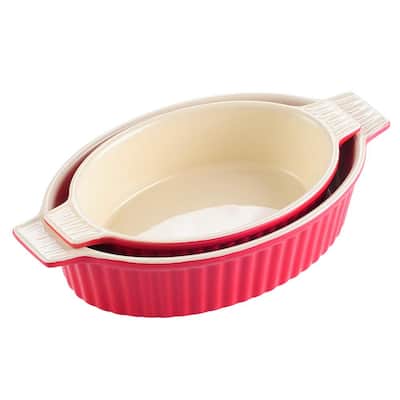 2-Piece Red Oval Porcelain Bakeware Set 9.5 in. and 11.25 in. Baking Dish Pans