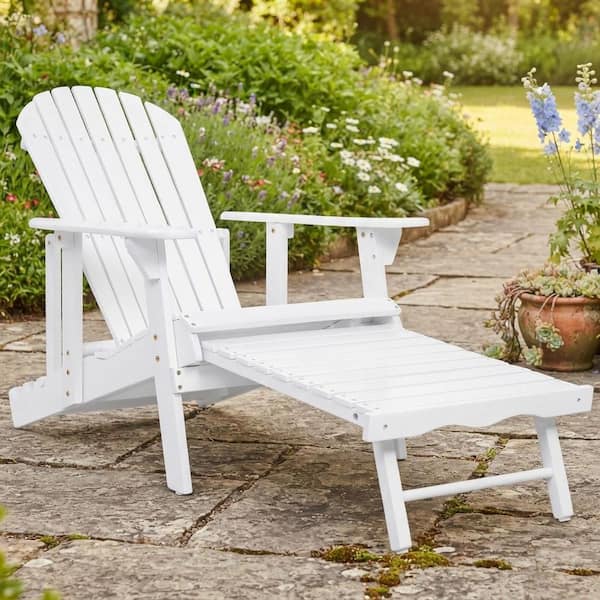 White All-Weather Acacia Wood Folding Outdoor Adirondack Chair, Patio Lounge Chairs with Ottoman for Deck Garden Porch