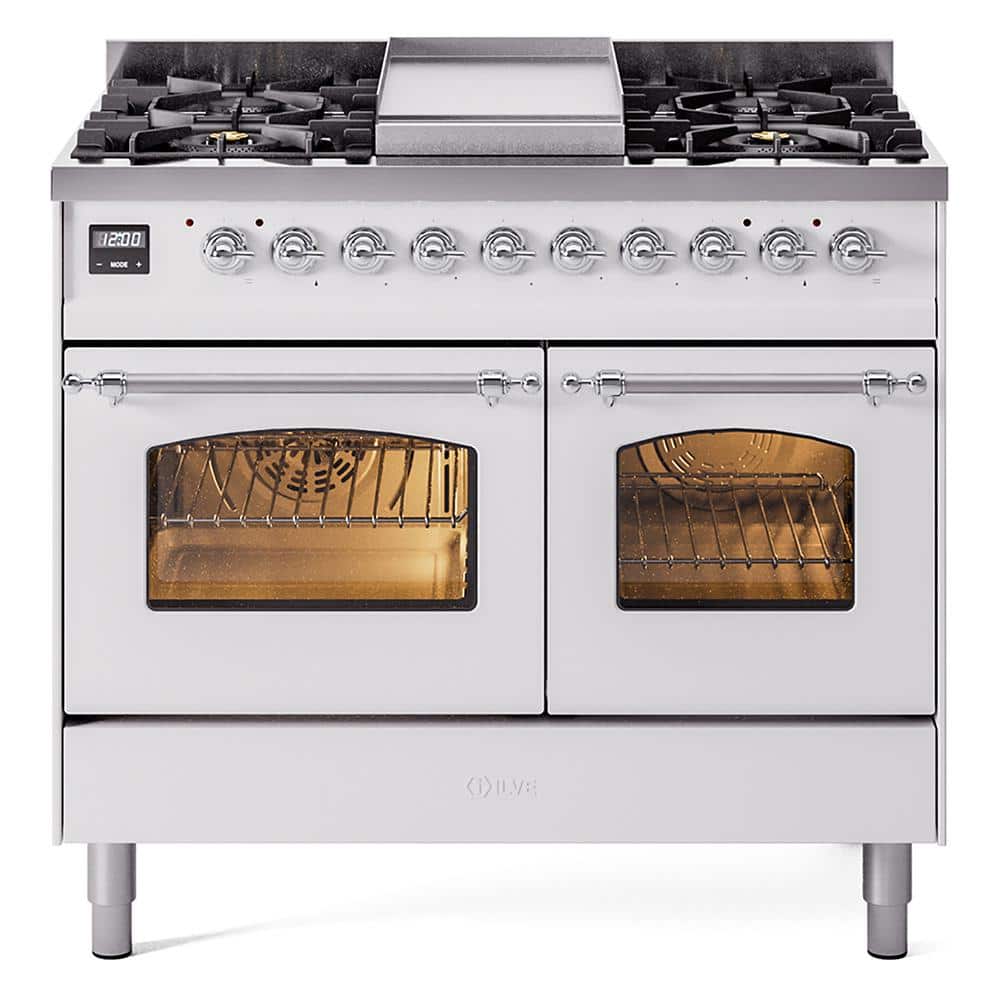 ILVE Nostaglie II 40 in. 6-Burners Freestanding Dual Fuel Range in White Chrome Trim