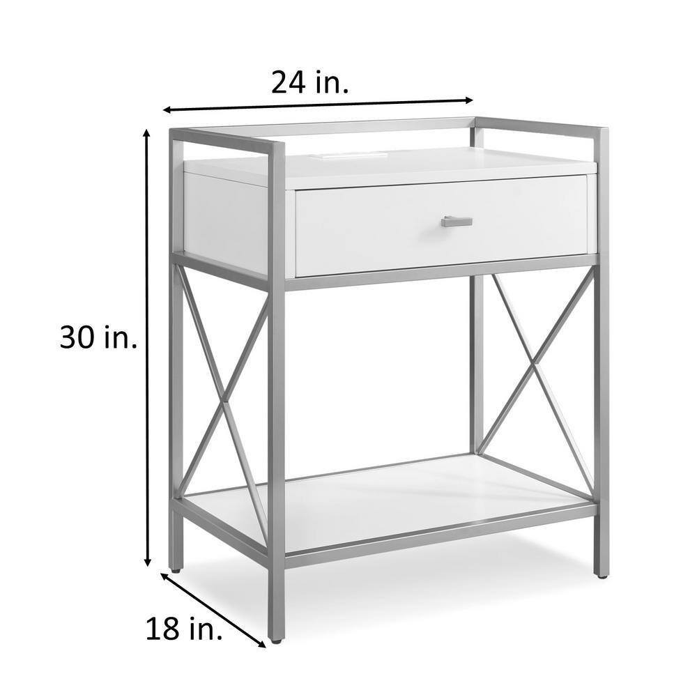 White and Gold Metal Nightstand with USB Charging
