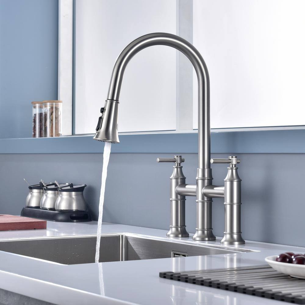 Brushed Nickel Double Handle Bridge Kitchen Faucet with Pull-out Spray