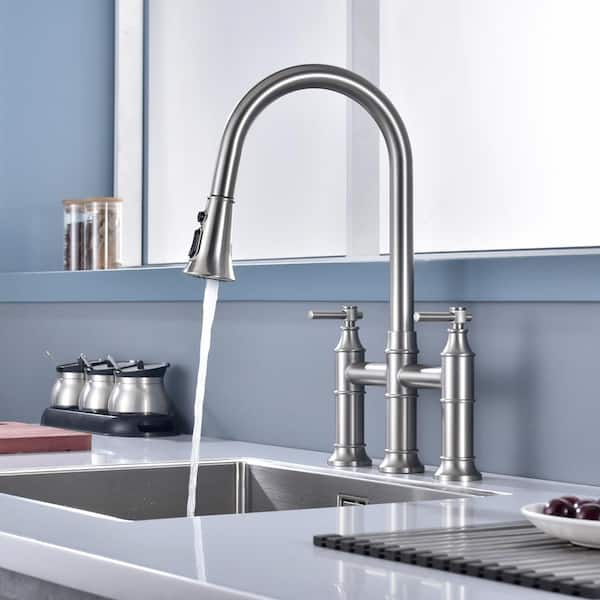 Traditional Double Handle Bridge Kitchen Faucet with Pull out Spray Wand in Brushed Nickel