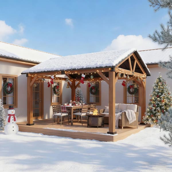 13 ft. x 11 ft. Outdoor Wood Grain Aluminum Frame Steel Gable Hardtop Gazebo with Ceiling Hook, Netting and Curtains