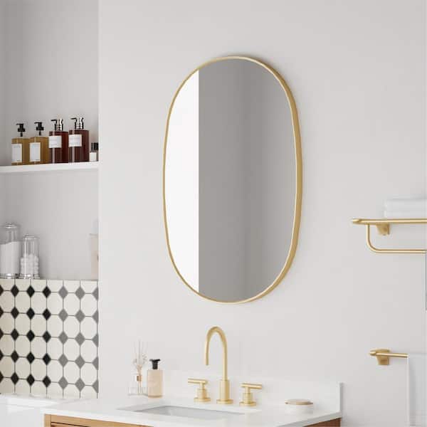WELLFOR BELLA 24 in. W x 36 in. H Oval Anodized Aluminum Framed Wall-Mounted Bathroom Vanity Mirror in Brushed Gold