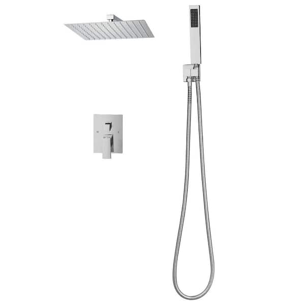 Shower Faucet Set, Silver Chrome Wall-Mount with Brass Valve and Trim Kit, 12 in. Rainfall Shower Head & Handheld Spray