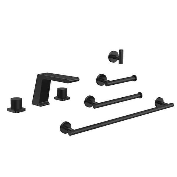Velmora Waterfall 8 in. Widespread Double Handle Bathroom Faucet and Towel Rack Set in Matte Black Drain Not Included