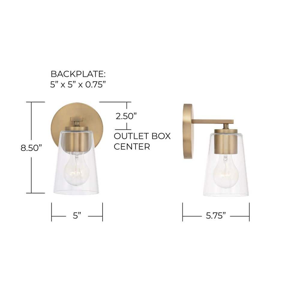 Aged Brass Dimmable Sconce with Clear Glass Shade