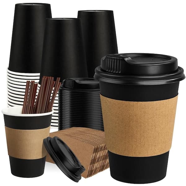 100 Pack Set, 12 oz. Black Plastic Disposable Coffee Cups, Leak Proof Hot to-go Cups with Lids for All Season Daily Use