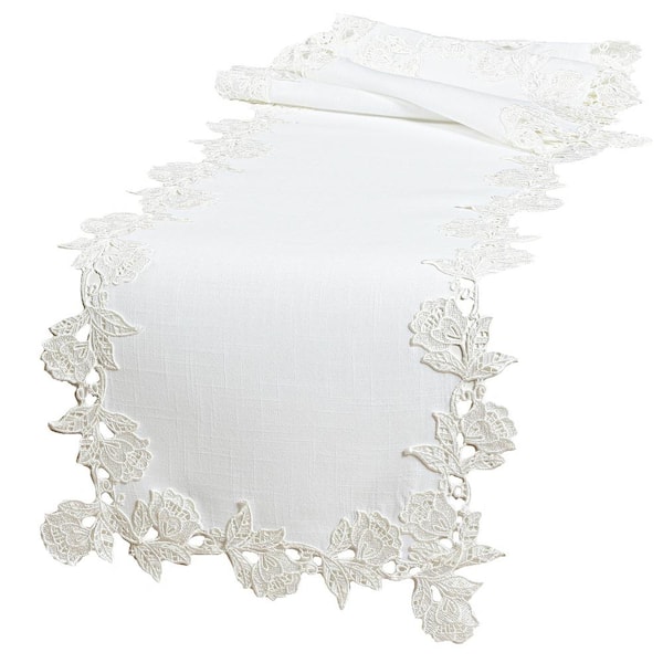 Manor Luxe 15 in. x 72 in. White English Rose Lace Trim Easy Care Polyester Floral Table Runner