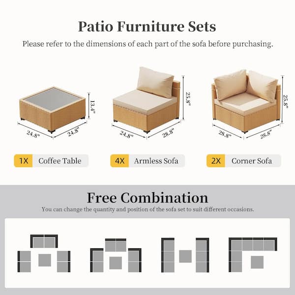 Yellow 7-Piece Wicker Patio Conversation Seating Set with Beige Cushions