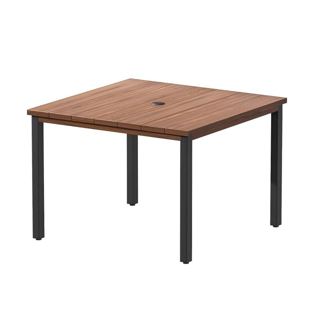 Square Metal Outdoor Dining Table with Umbrella Hole Walnut Wood-Like Table