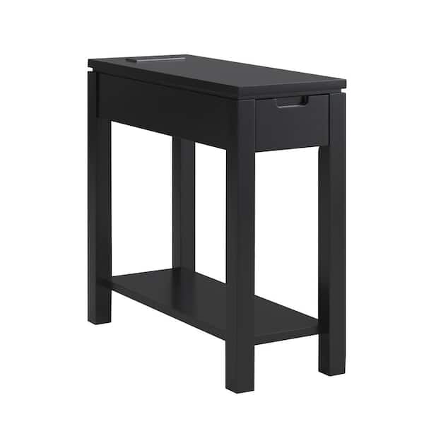 Leick Home Black Cade Wood Side Table with USB-C Fast Charging, AC/USB outlet and Drawer