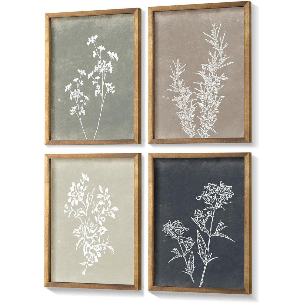 4 Piece Brown Wood Framed Minimalist Botanical Wall Canvas Prints
