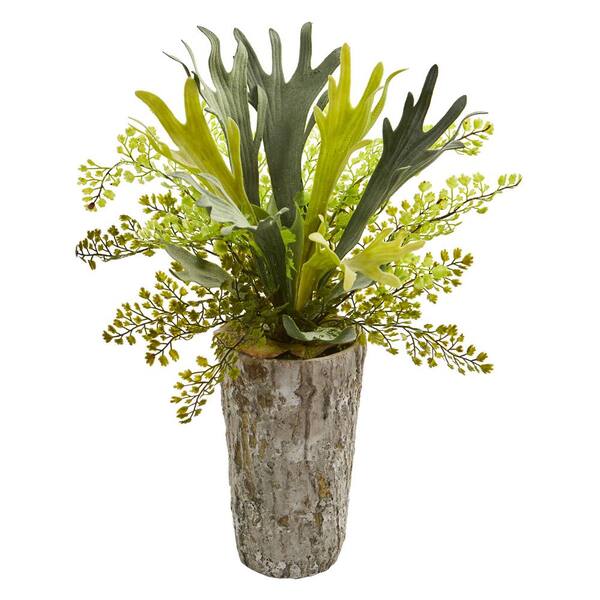 Nearly Natural 19 in. Indoor Staghorn and Maiden Hair Fern Artificial Plant in Weathered Vase