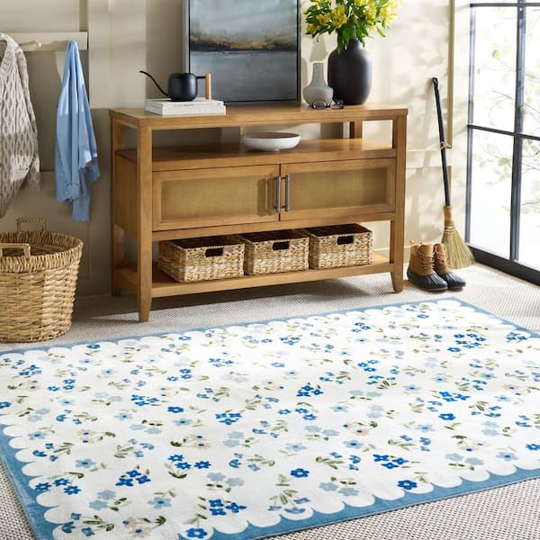 Martha Stewart Washable Ivory/Light Blue 3 ft. x 5 ft. Machine Washable Floral Modern Border Area Rug