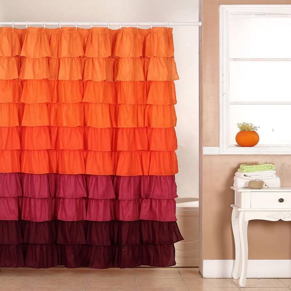Lavish Home 72 in. Ruffle Shower Curtain with Buttonhole in Orange